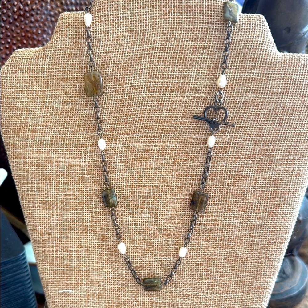 Labradorite Sterling Silver white pearls antiqued heart toggle clasp necklace
